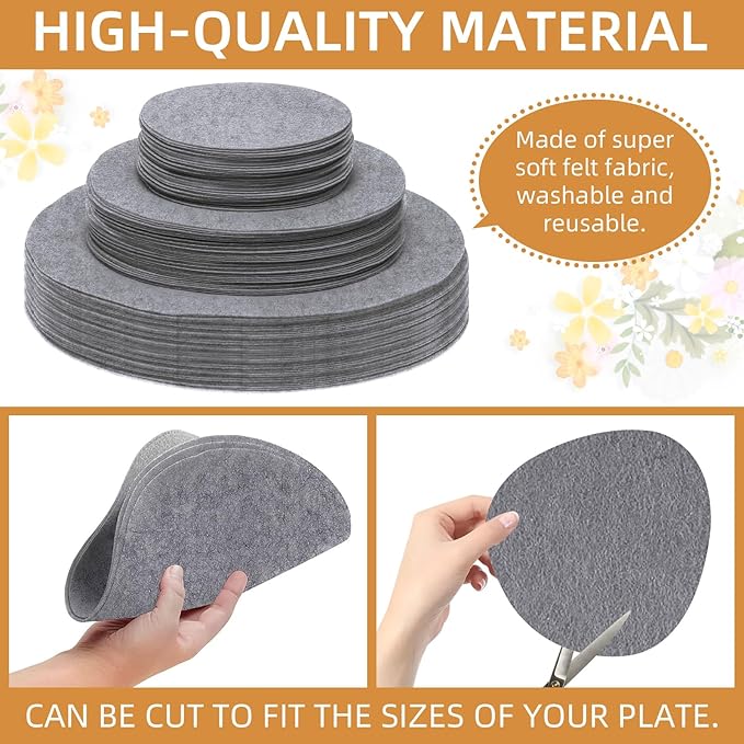 Plate China Storage Dividers, 144 Pieces with 3 Different Sizes Premium Felt Plate Dividers Round China Dish Protectors for Porcelain Cookware Protecting and Stacking, Gray