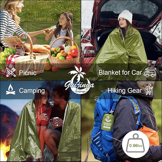 3-Pack Emergency Blanket, Extra-Thick Extra-Large Survival Blanket, Thermal Reflective Emergency Thermal Blanket for Outdoor Adventures, for Camping, Hiking, and Car Emergencies (Army Green)