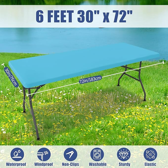 Spandex Picnic Table Cloth 2 Pack, Elastic Fitted Tablecloths for 6 Foot Rectangle Tables, Stretch Washable Patio Table Cover for Outdoor, Camping, Banquet and Parties (Blue Mist, 30"x72")