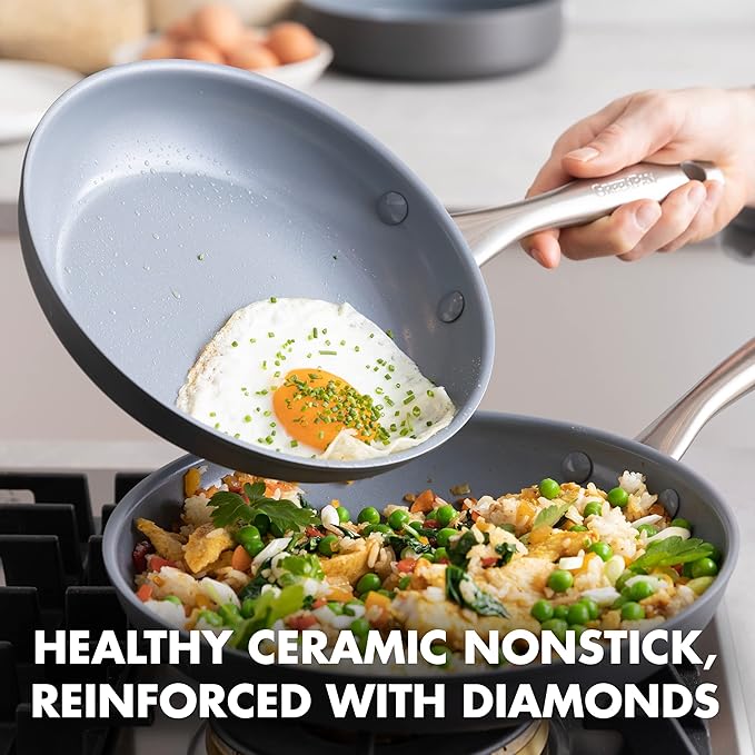 GreenPan Lima Hard Anodized 8" 10" & 12" Frying Pan Skillet Set, Ceramic Nonstick, PFAS-Free Nontoxic Pots & Pans, Oven & Broiler Safe, Stainless Steel Handles, Cookware for Eggs & Omelet, Gray