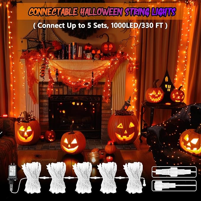 Upgraded Connectable 200 LED Halloween String Lights Outdoor Indoor, 66FT Orange Halloween Decorations Lights 13 Modes, Waterproof Twinkle Fairy Lights Plug in Clear Wire for Tree, Bedroom Decoration