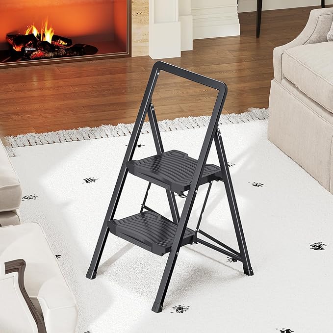 KINGRACK 2 Step Ladder 800lb Capacity, Folding Step Stool with Wide Anti-Slip Pedal & Safety Handrails, Lightweight Steel Ladder for Kitchen, Pantry, Office, Black