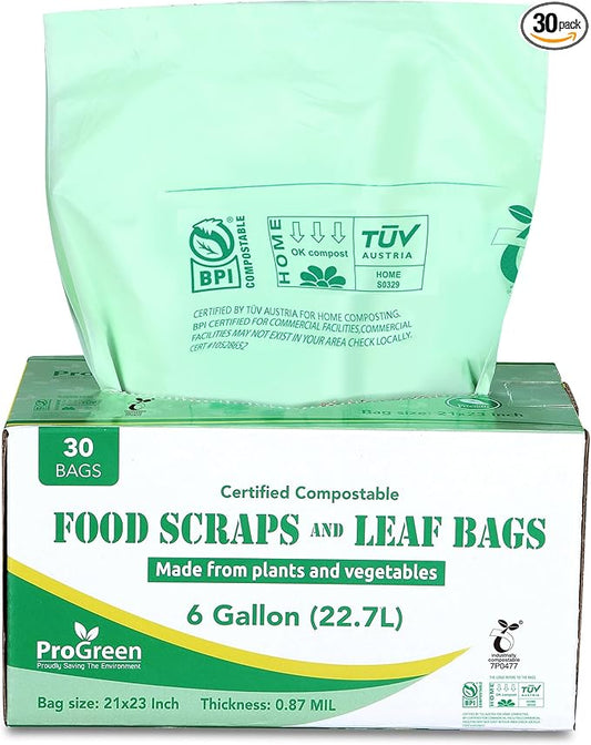 ProGreen Compostable Trash Bags, Extra Thick, Compost Kitchen Bin Bags, Food Scraps Yard Waste Bags, ASTM D6400 BPI and TÜV AUSTRIA Certified (6 Gallon, Pack of 30)
