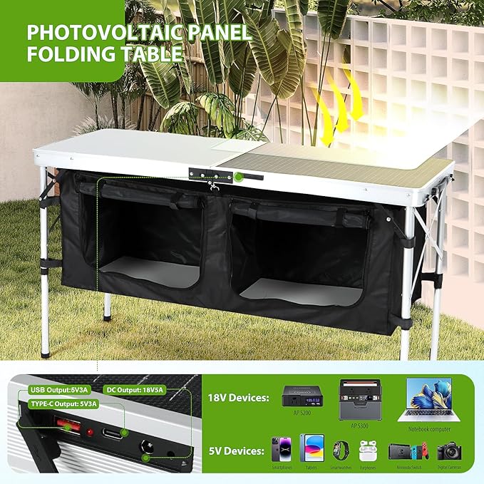 Nice C Camping Table, Storage Camping Table with Solar Panels, Storage Kitchen Tables, Folding Tables, 45W Output, w/USB, Type-C & DC Charging Cable, For Outdoor, Beach, BBQ, Picnic, Cooking, Festival