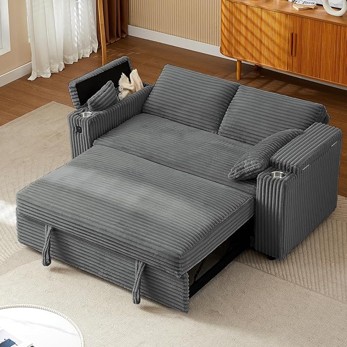 68.11" Corduroy Sleeper Chair Bed with USB Port, Cup Holders & Side Storage Pockets – 3-in-1 Foldable Sofa Bed for Guest Room, Living Room (ZY-1110-Dark Gray)