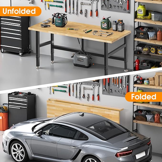 60” Folding Workbench, 2000 LBS Capacity Heavy Duty Workbench, Height Adjustable Foldable Work Table, Rubberwood Collapsible Desk for Workshop, Garage, Office, Home