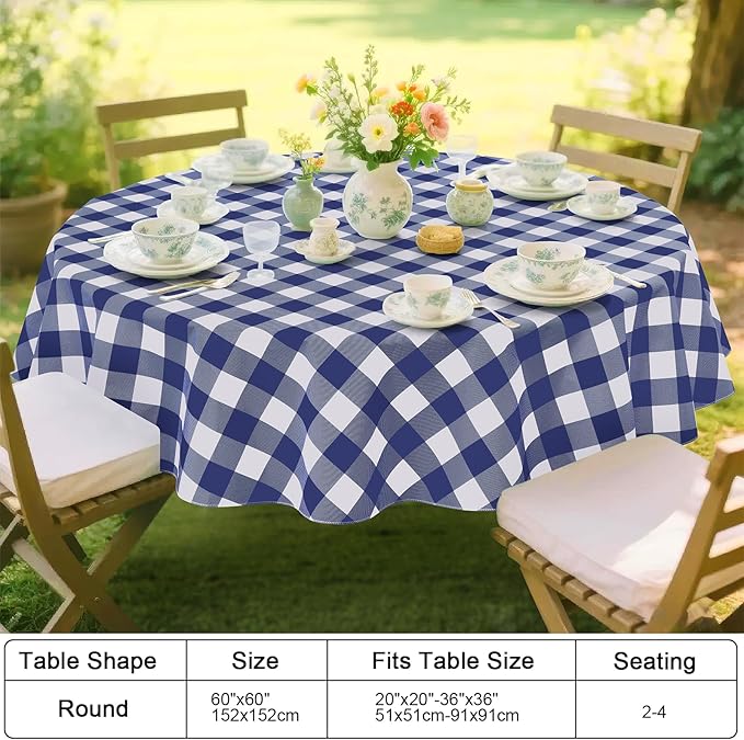 Smiry Round Plastic Table Cloth, Waterproof Vinyl Tablecloth with Flannel Backing, Wipeable Buffalo Plaid Table Cover for Dining, Indoor and Outdoor (Navy & White, 60" Round)