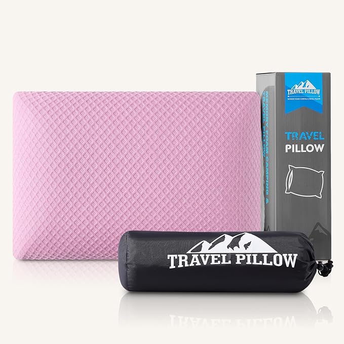 Travel Pillow Memory Foam Pillows, Camping Pillow-Compressible Medium Firm, Breathable Cover, Ideal Backpacking Hiking, Bed Pillows, Airplane and Car (Apricot Powder, S)