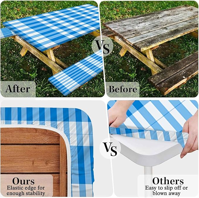 CAPSCEOLL Elastic Picnic Table Cover with Bench Covers 5Ft Waterproof Fitted Picnic Table Cover Cloths for Outdoors Camping Tablecloth with Drawstring Bag, 60X30in, Blue Checkered