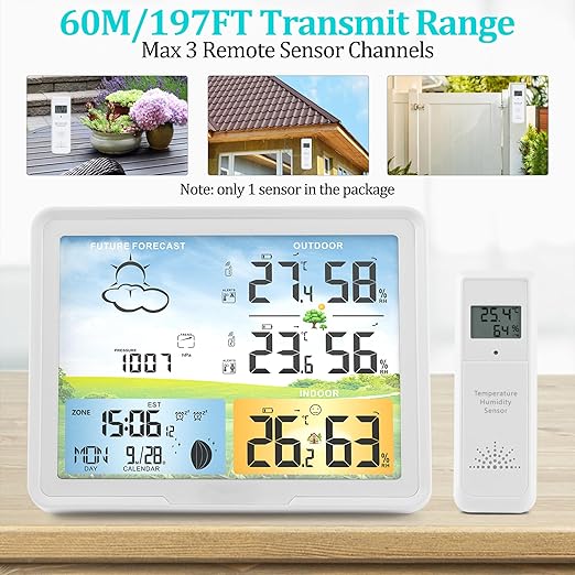 Home Weather Stations Wireless Indoor Outdoor Thermometer, Portable Digital Weather Clock Atomic, Bluetooth Color Forecast Station, Inside Outside Weather Monitor with Alarm(2 Sensors)