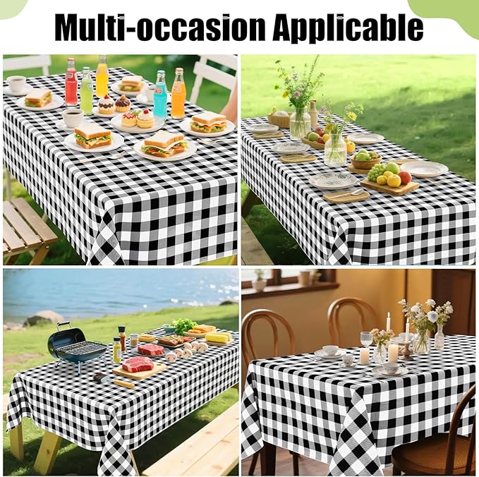 Smiry Rectangle Table Cloth, Waterproof Vinyl Tablecloth with Flannel Backing, Wipeable Buffalo Plaid Table Cover for Dining, Indoor and Outdoor (Black & White, 60"x120")