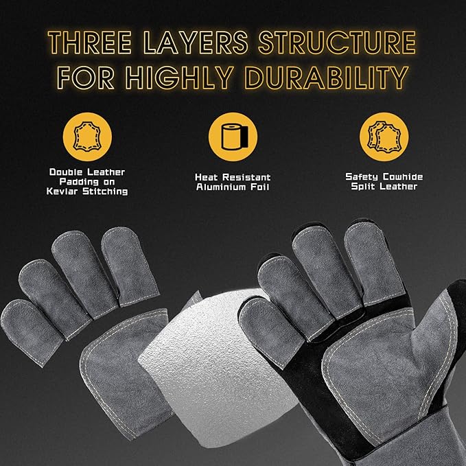 TOOLIOM 16 Inches 932℉ Welding Gloves for MIG/Stick Welding Heat Fire Resistant Leather Forge with Kevlar Stitching Reinforced Thumb and Palm Mitts for Welding/Oven/Grill/Pot Holder/Fireplace/Baking