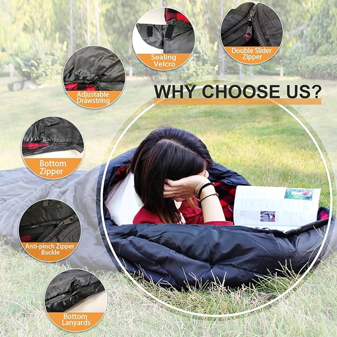 0 Degree Sleeping Bag 100% Cotton Flannel XXL Cold Weather Winter Oversized Sleeping Bag for Adults Camping Zero Degree Big and Tall with Compression Sack