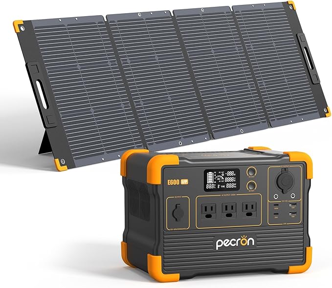 pecron Portable Power Station 614Wh E600LFP with 200W Solar panel Solar Generator with 3X1200W AC Outlets 100W USB-C PD Output LiFePO4 Battery Backup for Outdoor Camping Emergency
