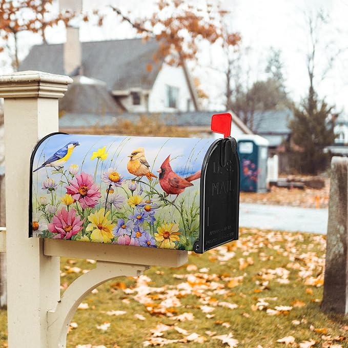 Hummingbird Bird Mailbox Covers Magnetic Standard Size 21’’x18’’ Spring Blooming Flowers and Birds Decorative Waterproof Mailboxes Wraps Letter Post Box Cover for Home Outdoor Garden Yard