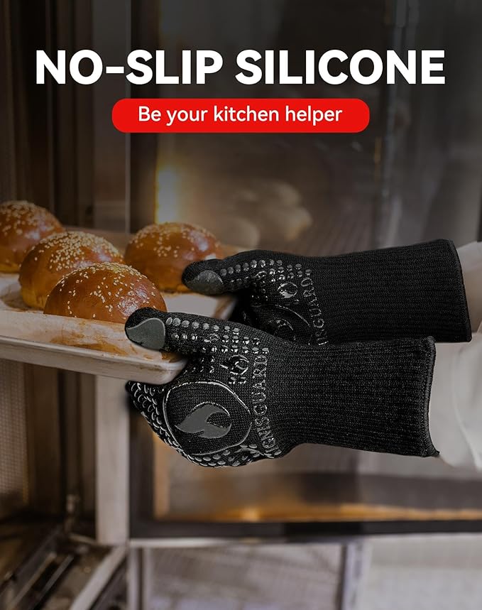BBQ & Grill Gloves, Oven Gloves, 1472°F Silicone Oven Mitts Heat Resistant Grilling Gloves Fireproof Non-Slip for Barbecue Cooking Baking Smoking, 1-Pair Black（M）