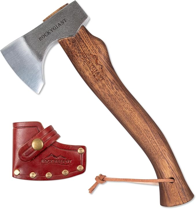 ROCKYGIANT 13'' Camping Axe with Sheath, Hand Forged Hatchet for Wood Chopping,Spling and Kindling, Brushcraft Axe for Outdoor Survival and Garden, Hickory Wood Handle
