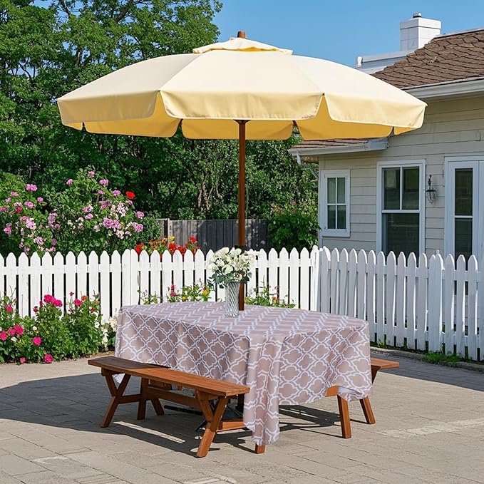 Poise3EHome Outdoor Tablecloth Rectangle with Umbrella Hole Waterproof Spillproof for Patio Table Picnic Camping Spring Summer, Khaki (60X104 Zipper)