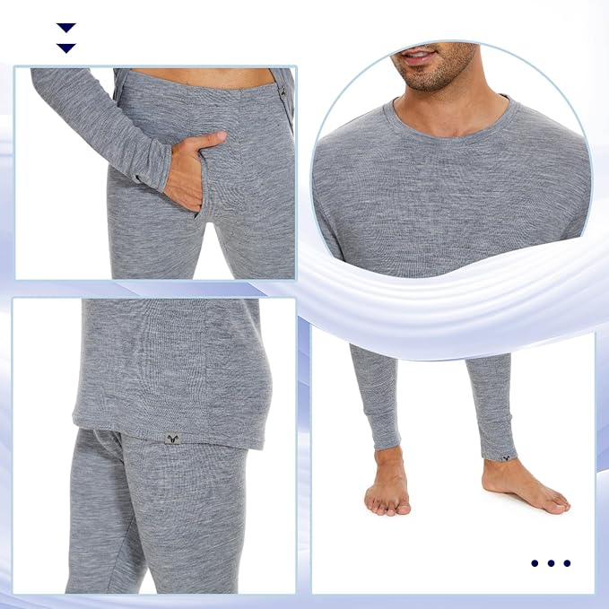 MERINNOVATION Merino Wool Base Layer Set for Men 100% Merino Wool Thermal Underwear Long Sleeve