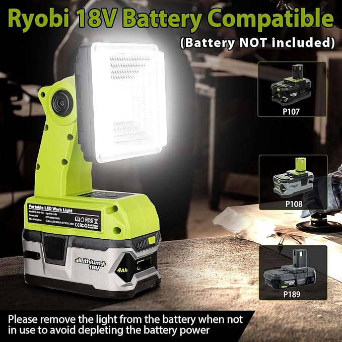 25W 2000LM Cordless LED Work Light Compatible with Ryobi One 18V Battery Portable Flood Lights for Outdoor Indoor Workshop Job Site, LED Floodlight with Pivoting Head/USB Port(No Battery)