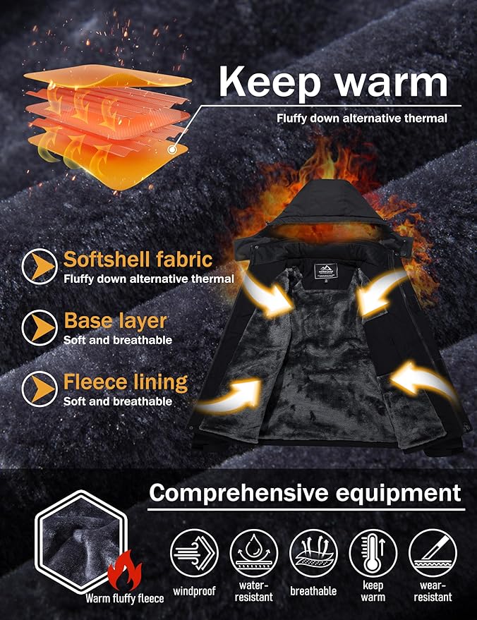 MAGCOMSEN Men's Winter Coats Water Resistant Ski Snow Jacket Warm Fleece Jacket Parka Raincoats With Multi-Pockets