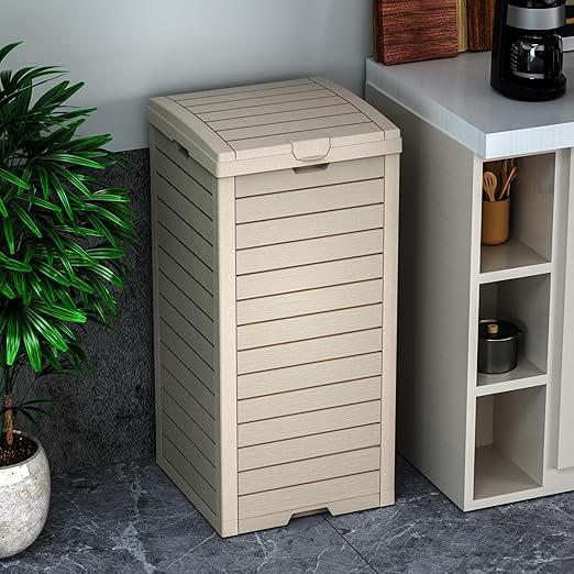 Vixzen 38Gallon Outdoor Trash Can with Lid,Waterproof Resin Waste Bin,Lightweight,Large Sturdy Garbage Bin for Patio,Kitchen,Backyard,Light Brown