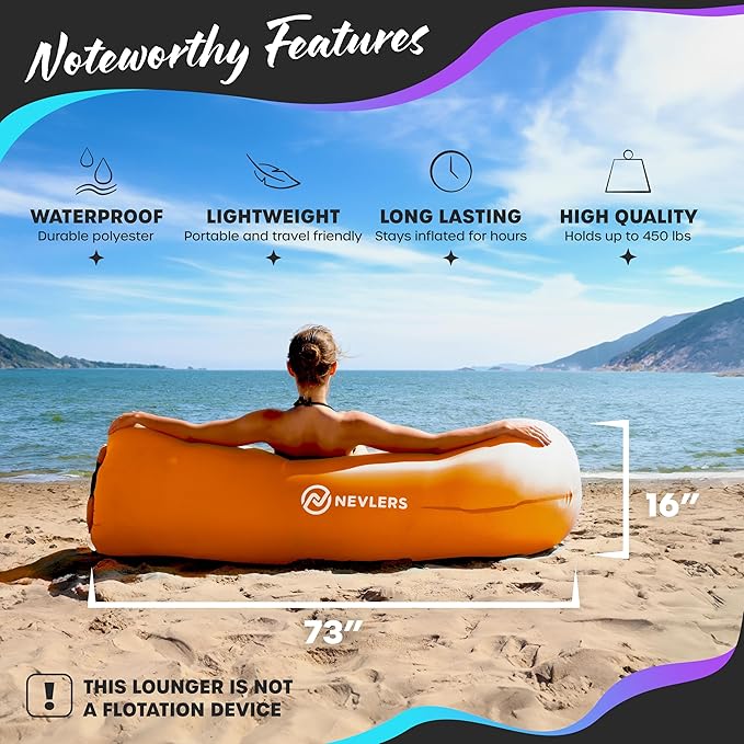 Nevlers Inflatable Lounger | 210T Polyester Inflatable Chair | No-Pump Blow Up Couch | Camping Couch Air Sofa Bed w/ 450 lbs. Cap., Pockets & Matching Bag | Use as Inflatable Couch for Adults & Kids