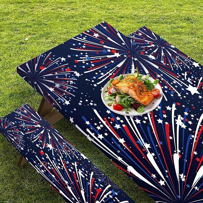CAPSCEOLL Picnic Table Cover with Bench Covers 4Th of July Waterproof Camping Tablecloth All-Weather Outdoor Table Protector with Drawstring Bag for Camping Essentials, 72X30in, Fireworks