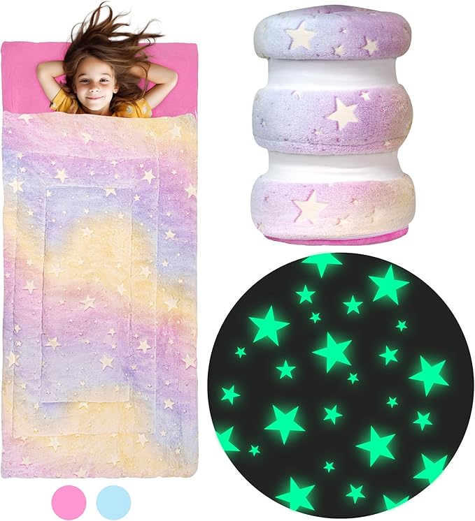 Kids Sleeping Bag for Boys & Girls - Glow in The Dark for Ages 3+, Large With Pillow Pocket, Extra Soft Toddler Blanket (66" x 33")
