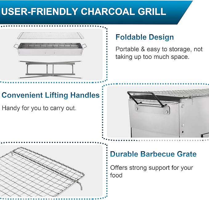 IRONWALLS Portable Charcoal Grills, 32" x 8" Stainless Steel Folded Camping Grill Kebab Skewer BBQ Barbecue Grill Kit for Garden Backyard Party Picnic Travel Home Outdoor Cooking Use