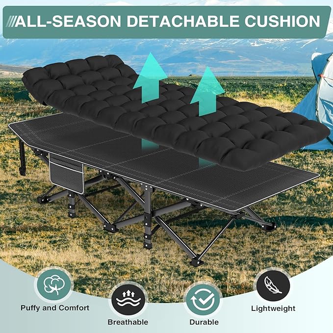 ZENPETIO Camping Cot for Adults, Heavy-Duty Portable Cot Bed with Mattress, Foldable Padded Sleeping Cots for Camping Travel Tent Day Bed Outdoor & Home Guest, Max Load 500 LBS, 75x28x15”
