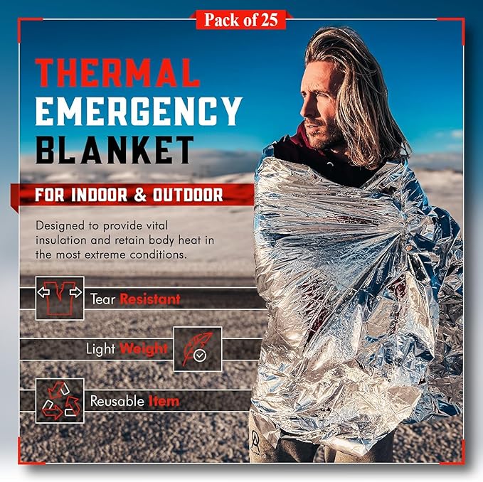 Mart Cobra Emergency Blanket 25-Pack Space Mylar Blankets Survival Gear and Supplies Reusable Thermal Camping Essentials Hiking First Aid Car Emergency Kit Prepper Foil Bug Out Bag Warm Cat Cold Snow