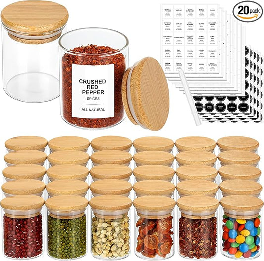 4OZ Glass Spice Jars with Bamboo Lids and 315 Labels, 20 Pcs Clear Food Storage Containers for Kitchen Sugar Salt Coffee Tea Beans