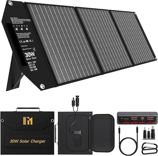 30W Portable Solar Charger Foldable Solar Panel with USB C and USB A 18V MC4 12V DC for Camping Backpacking Travel Fast Charging for iPhone LG Google Cell Phone Power Bank Generator Power Station