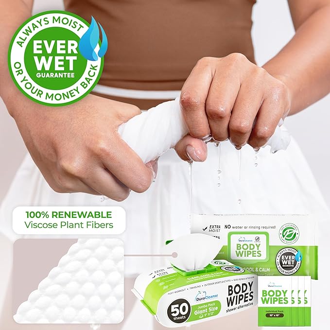 Body Wipes for Women, Extra Moist No Rinse Bathing Wipes - 50 XL Shower Cloths + 4 Travel Size Bath Sheets - 9"x12" After Gym & Post Workout Deodorant, Disposable Washcloths, Womens Hygiene Essentials