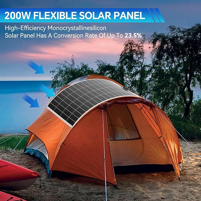 Flexible Solar Panel 200W 23.5% High Efficiency Solar Panels 9BB 12V Monocrystalline Lightweight Module for Off-Grid RV Camping Boat Van Cabin