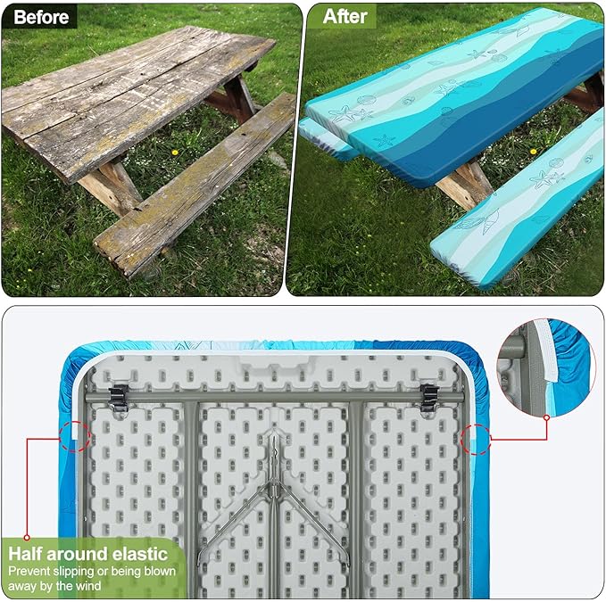 Picnic Table Cover with Bench Covers Camping Essentials Waterproof Windproof Camping Tablecloth with Drawstring Bag, Fitted Rectangle Tables and Seats, 72in, Sky Blue