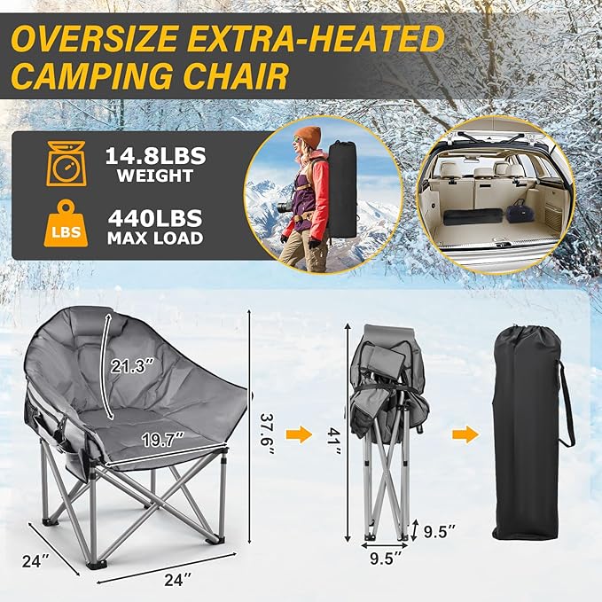 Oversized Heated Camping Chair, 3 Heat Levels Portable Heated Folding Chairs, Camping Heated Chair for Adults Supports 440 lbs, Heavy Lawn Chair for Camping/Patio/Outdoor Sport