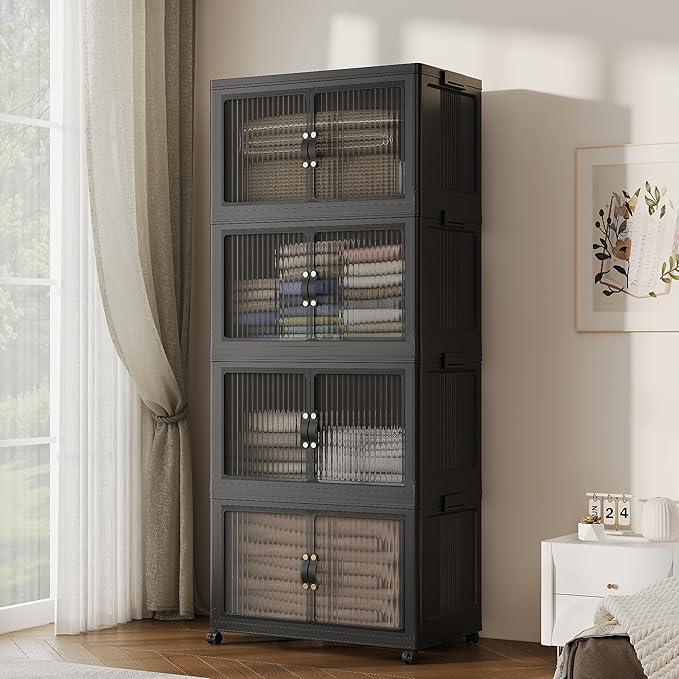 JONZEN 105Gal Extra Large Storage Bins with Lids, 420QT Stackable Collapsible Bins with Doors Wheels, Closet Organizers and Storage, Foldable Plastic Box Cabinet for Home Garage, 4Pack Black