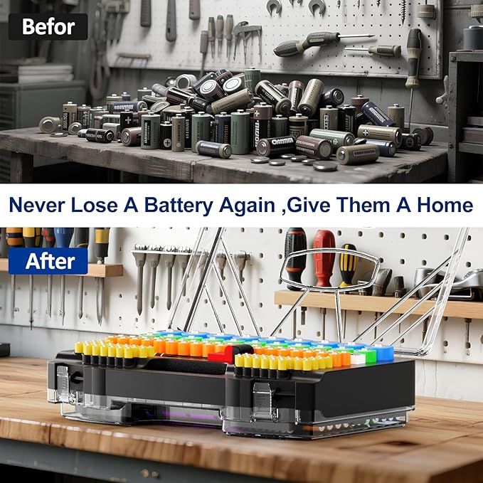 Battery Organizer Storage Case, Battery Storage Holder Organizer Box with Tester - 285 Batteries Double-Sided Variety Pack, Holds AA AAA 4A C D Cell 9V 3V Lithium LR44 CR2 CR123 CR1632 18650 Button