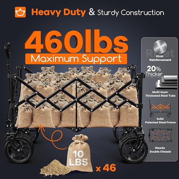 220L Collapsible Wagon Cart Foldable, 460LB Load Capacity Heavy Duty Folding Beach Wagons with Big All-Terrain Wheels, Utility Carts for Groceries, Shopping, Camping, Sports - Blue