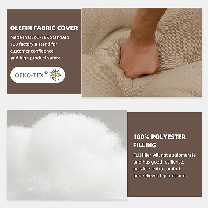 RACE LEAF Outdoor Seat Cushions Set of 2, 19" x 19" Square Patio Cushions, Plump Filling Tufted Water-Resistant Olefin Chair Seat Cushion with Ties for Non-Slip Support, Khaki