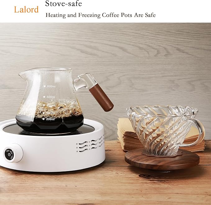 Pour Over Coffee Maker, 20 oz Borosilicate Glass Set with 100 pcs V60 Paper Filter, Coffee Dripper with Walnut Collar, Coffee Pot with Glass Lid, 1-3 Cups, Clear, (600 ml)