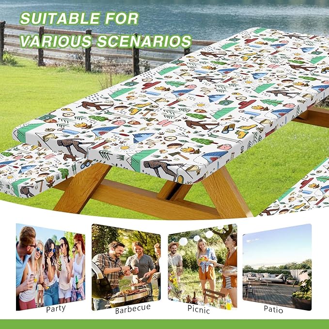 JAWO Picnic Table Covers with Bench Covers Camping Big Foot Adventure Tablecloth 8FT for 8 Person Fitted Picnic Table Cover with Elastic Windproof Waterproof Fabric, Camp Accessories Patio & Outdoor