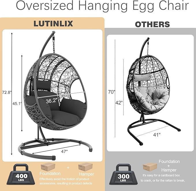 Oversized Hanging Egg Chair Set of 2 Outdoor Indoor, Wicker Swing Egg Chair with Stand 400lbs Capacity for Bedroom, Patio, Garden and Balcony