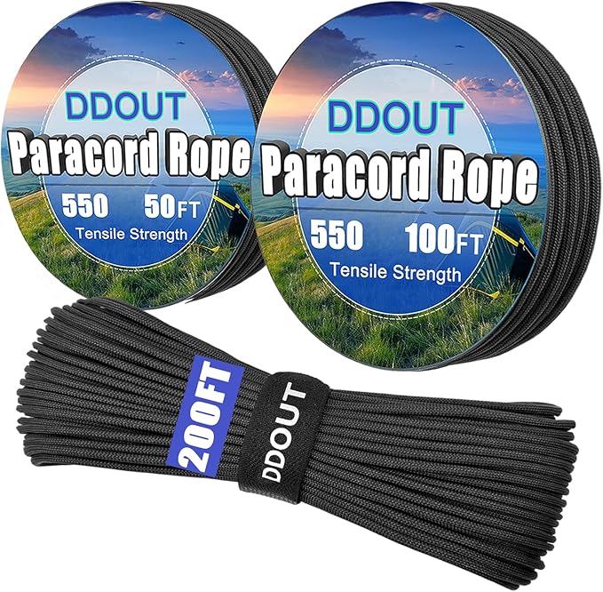 Paracord Nylon Rope Black 200ft with 7-Strand Core, 10 Colors and 50/100/200 ft, Type III Parachute Cord 4mm for Camping, Survival, Hiking, DIY, Crafting, Outdoor Utility Rope