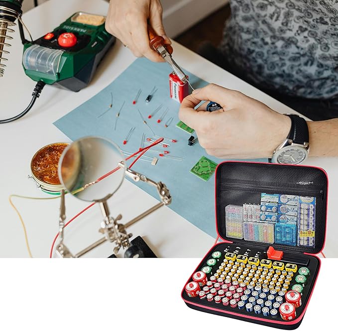 Battery Organizer Storage Holder Case Box with Tester Checker BT-168. Holds 136+ Batteries AA AAA C D Cell 9V 3V Lithium (Red)