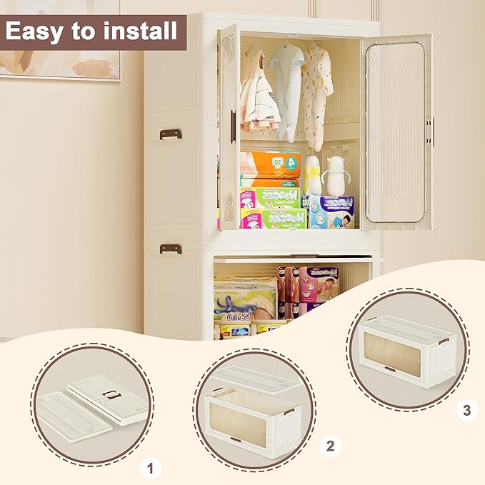 Collapsible Expandable Wardrobe Closet, Multi-Function Plastic Wardrobe,Wardrobes Storage Cabinet (4 Cubes+1 Hanging Rod)