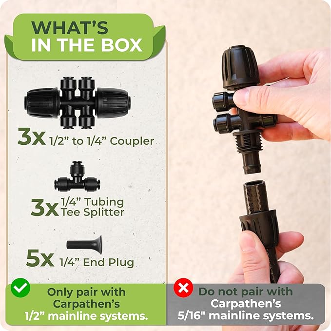 Carpathen Drip Irrigation Fittings Pack - Push-to-Connect Irrigation System Compatible - 3 x 4Way Coupler 1/2" to 1/4", 3 x 3 Way Tee T Shape Barbed 1/4 Drip Tubing Splitter, 5 x 1/4 End Plugs