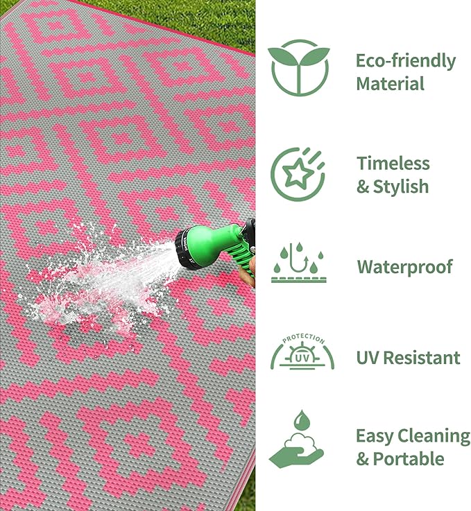 GENIMO Outdoor Rug for Patio Clearance, 6'x9' Reversible Plastic Straw Rugs, Lightweight Waterproof RV Camping Mat for Camper, Balcony, Deck, Backyard, Picnic, Pink & Grey